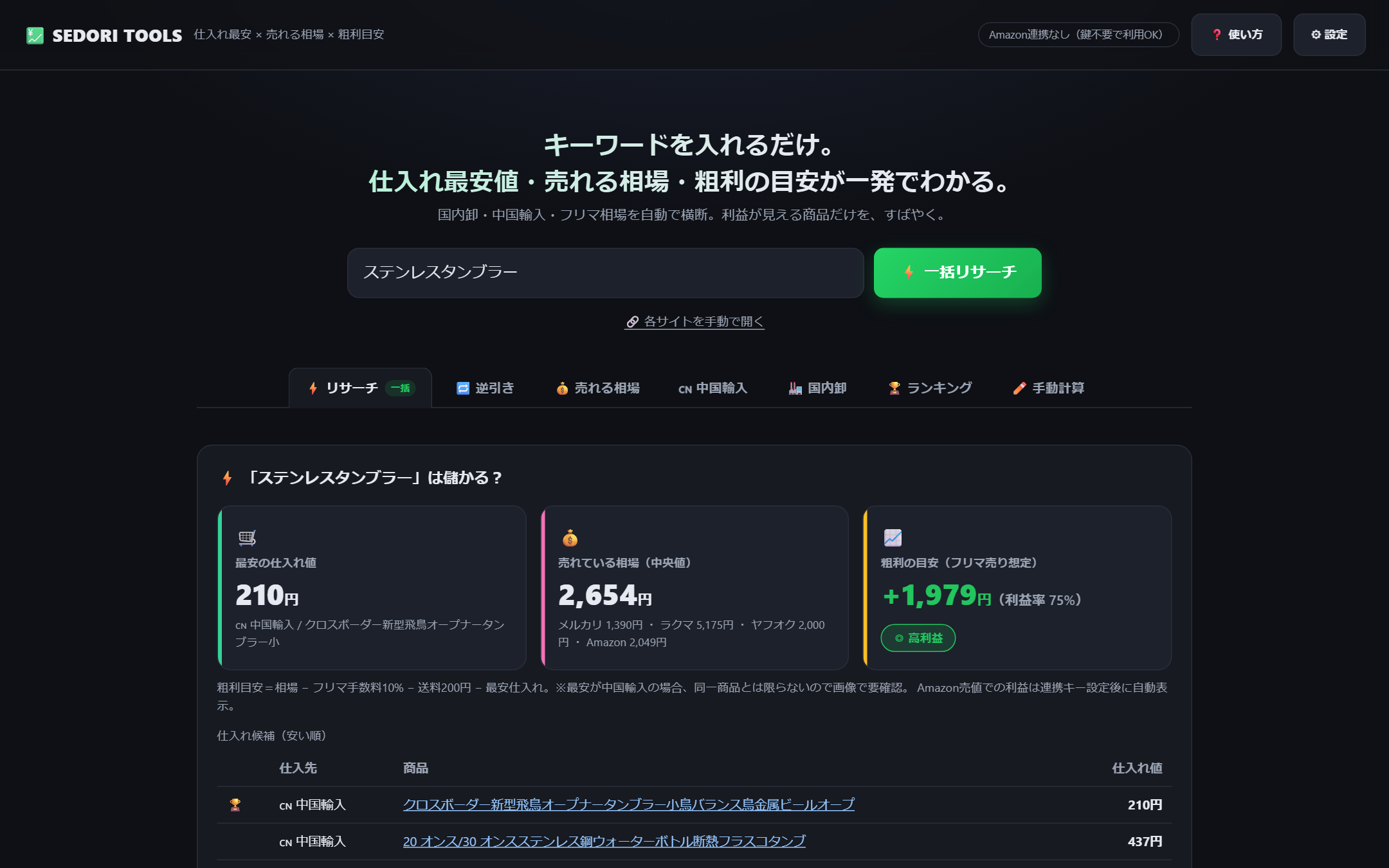 一括リサーチの結果画面（最安仕入れ・売れる相場・粗利）